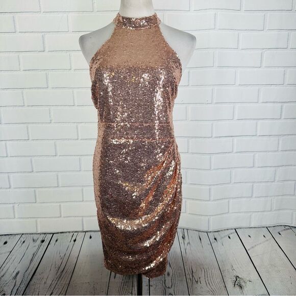 Wink Gal Rose Gold Sequin Halter Dress - Size Large - Picture 4 of 16